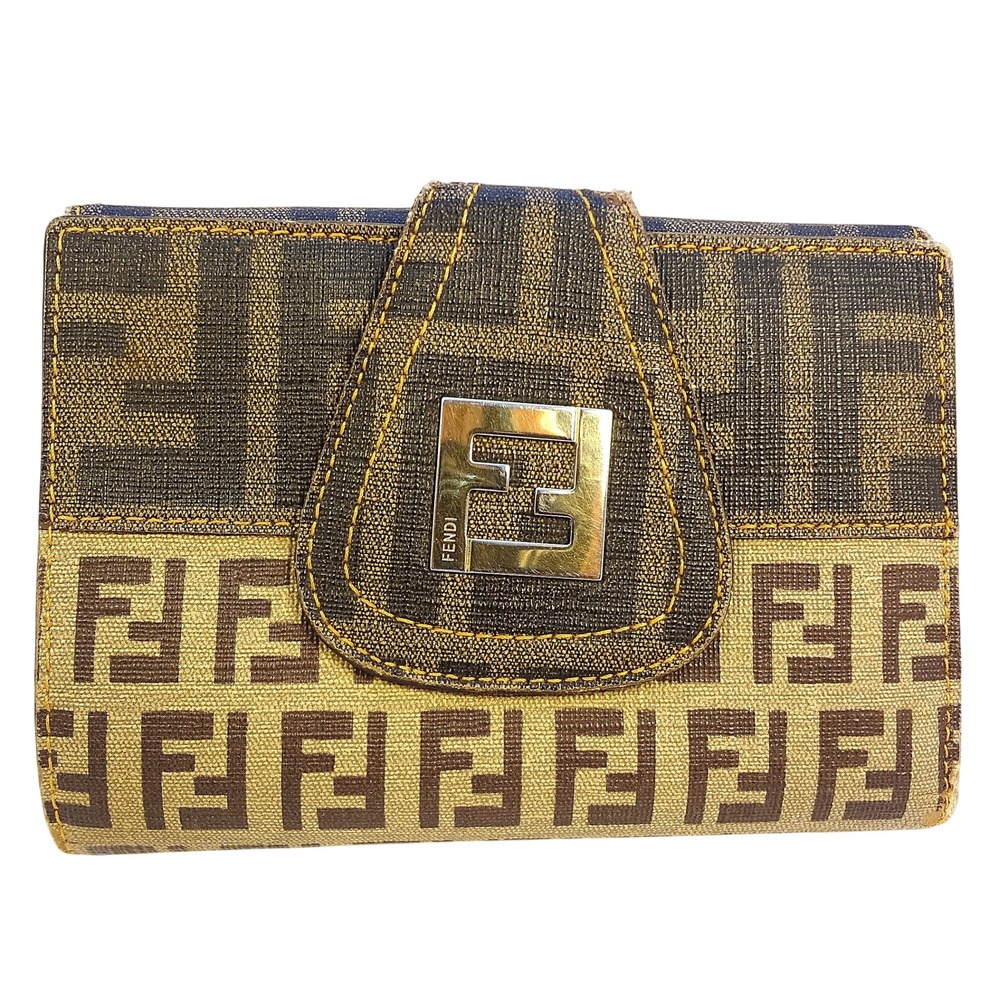 Rare Fendi‎ Bi-color Zucca Zucchino French Wallet Tobacco Brown Designer Bifold